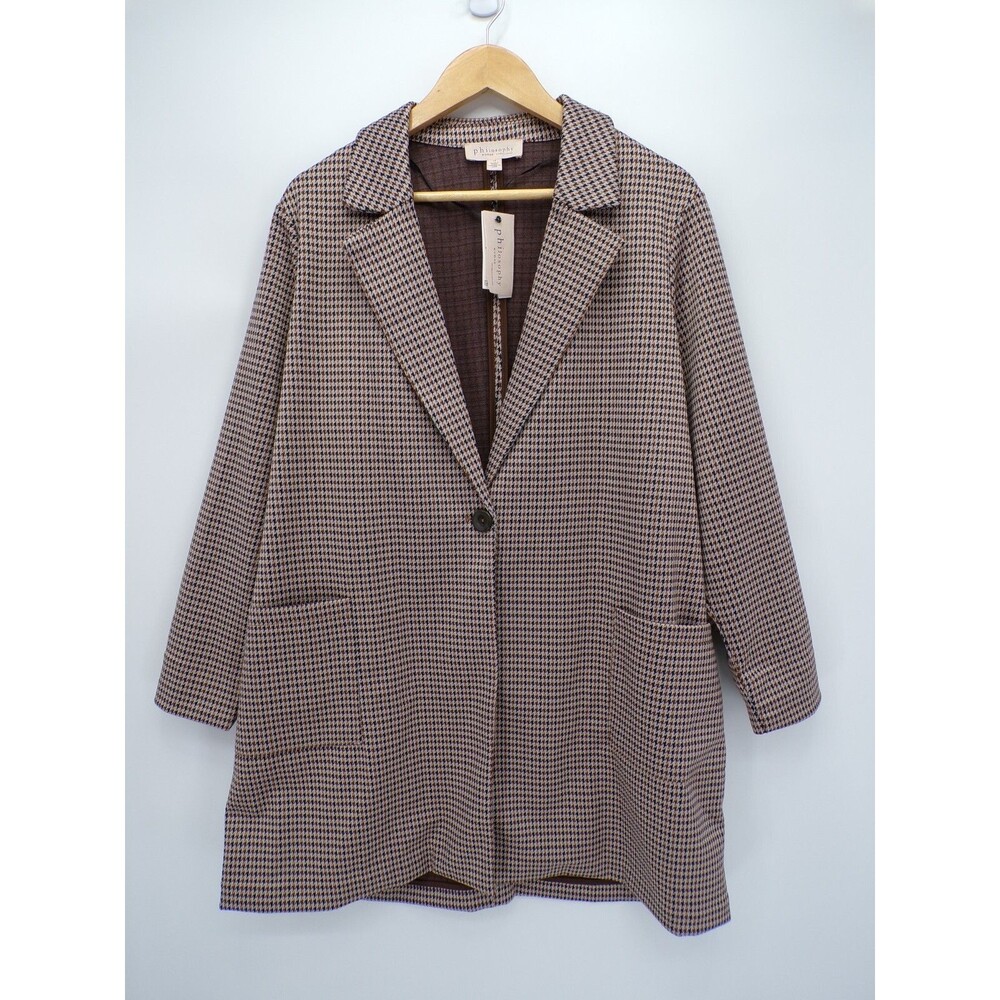 New Philosophy Houndstooth Print Long Blazer Jacket One Button Size 1X plus